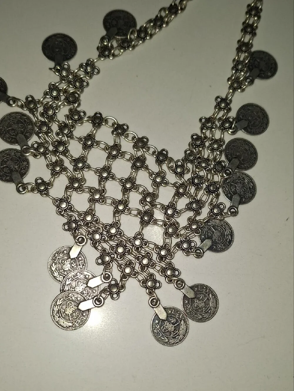 traditional Middle Eastern or Bohemian-style  Fringe Statement Necklace - Silver